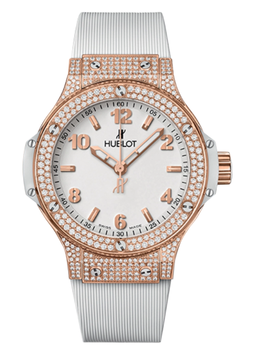 Hublot - Big Bang - 38 MM - Yellow Gold and Diamonds - White Dial - White Rubber Strap - Diamond Bezel - 361.PE.2010.RW.1704