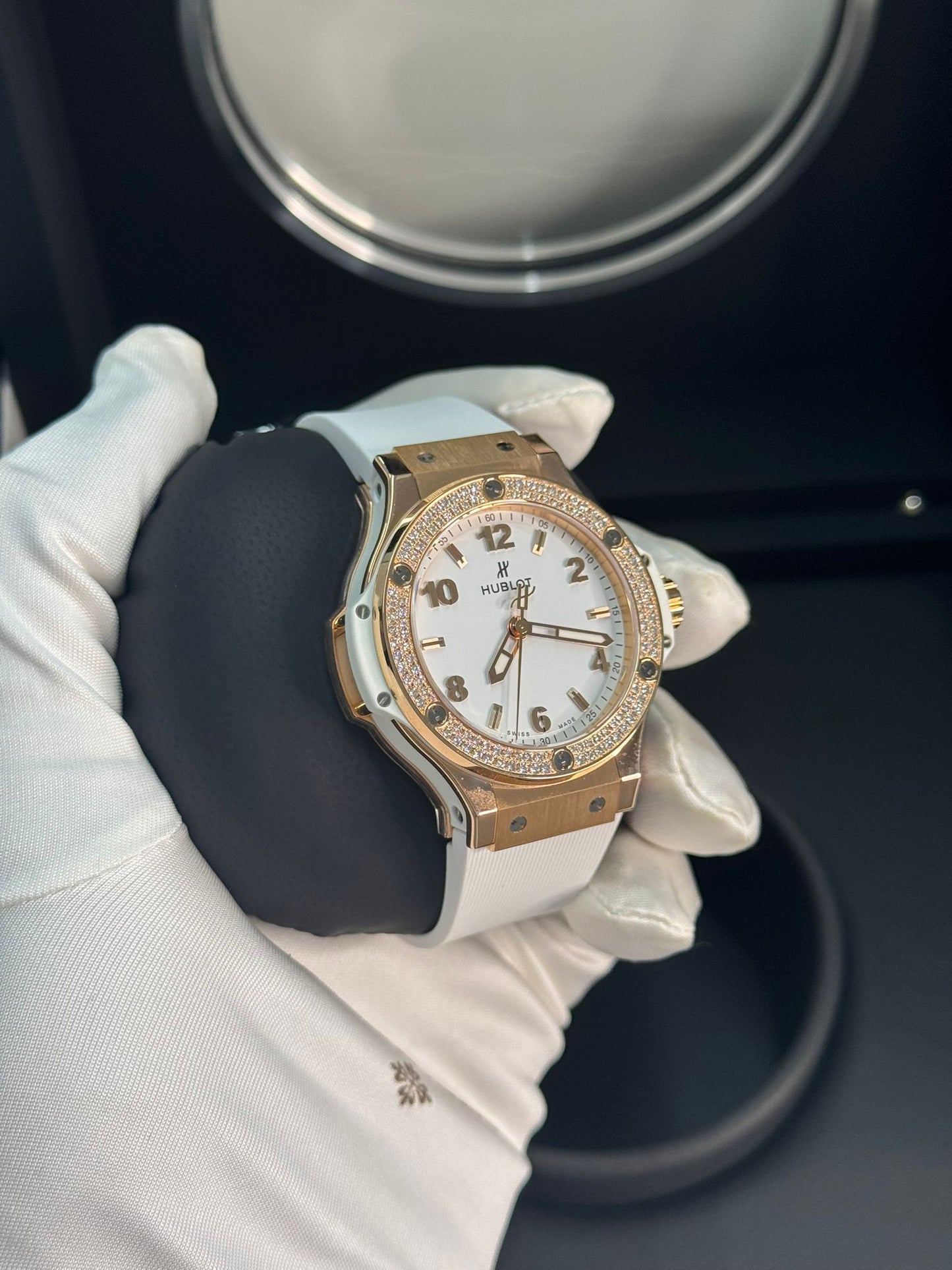 Hublot - Big Bang - 38 MM - Yellow Gold and Diamonds - White Dial - White Rubber Strap - Diamond Bezel - 361.PE.2010.RW.1704