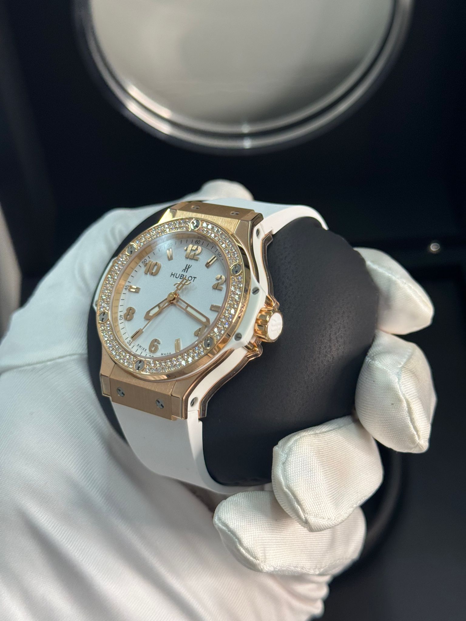 Hublot - Big Bang - 38 MM - Yellow Gold and Diamonds - White Dial - White Rubber Strap - Diamond Bezel - 361.PE.2010.RW.1704