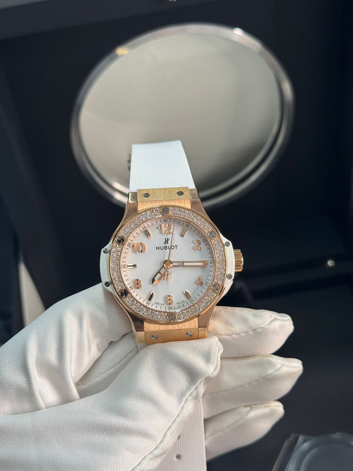 Hublot - Big Bang - 38 MM - Yellow Gold and Diamonds - White Dial - White Rubber Strap - Diamond Bezel - 361.PE.2010.RW.1704