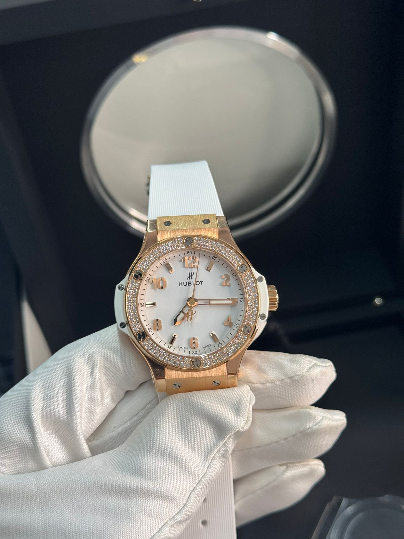 Hublot - Big Bang - 38 MM - Yellow Gold and Diamonds - White Dial - White Rubber Strap - Diamond Bezel - 361.PE.2010.RW.1704