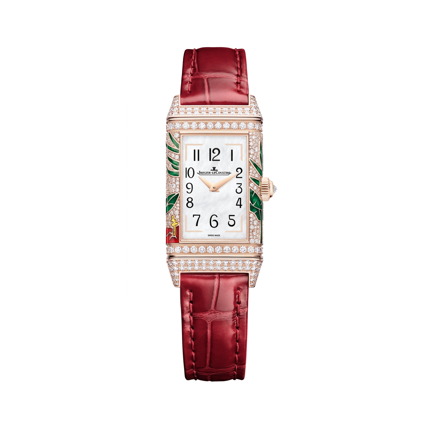JLC - Reverso One "Hibiscus Rosa" Limited Edition - 40 MM x 20 MM - Rose Gold - Mother-Of-Pearl Dial - Diamond-Set Case - Red Leather Strap - Q3292425