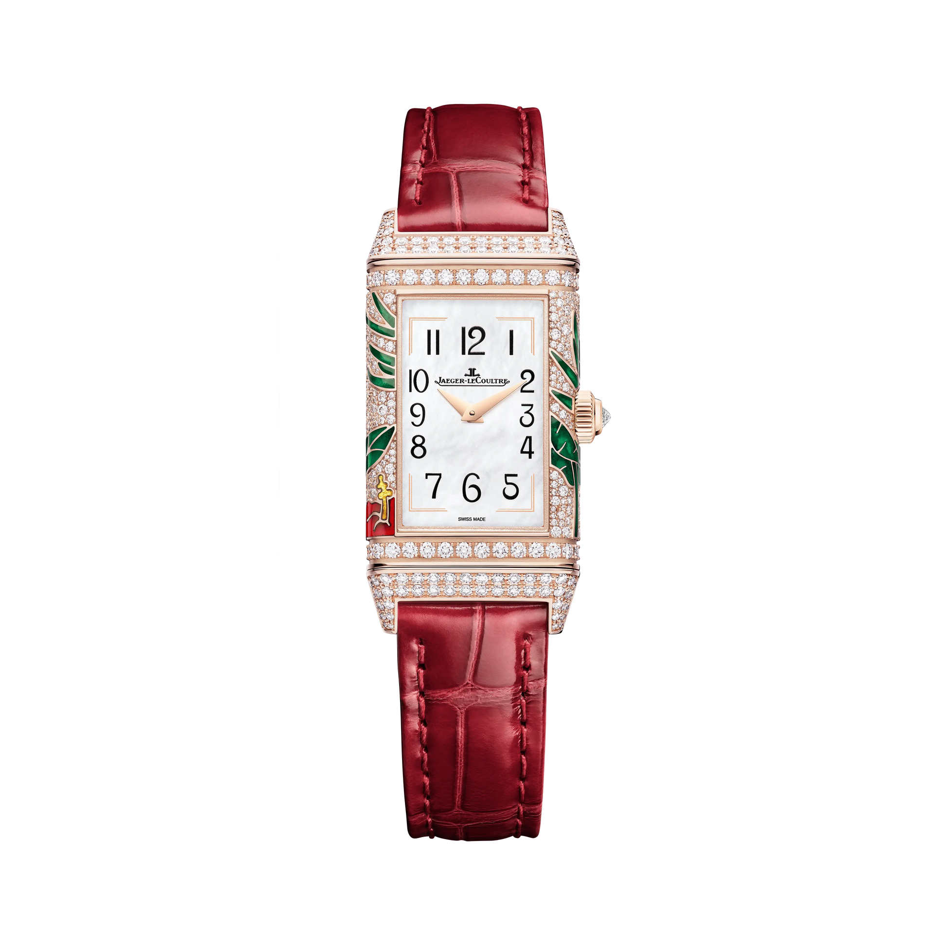 JLC - Reverso One "Hibiscus Rosa" Limited Edition - 40 MM x 20 MM - Rose Gold - Mother-Of-Pearl Dial - Diamond-Set Case - Red Leather Strap - Q3292425