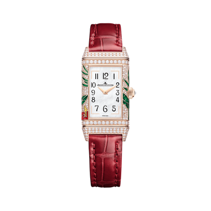 JLC - Reverso One "Hibiscus Rosa" Limited Edition - 40 MM x 20 MM - Rose Gold - Mother-Of-Pearl Dial - Diamond-Set Case - Red Leather Strap - Q3292425