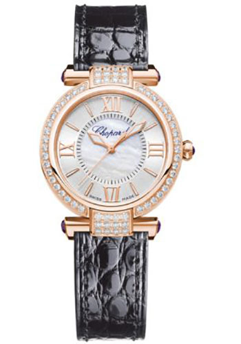 Chopard Imperiale Rose Gold 29 MM - Black Leather Strap - Diamond Bezel -  Silver Dial - 384319-5007