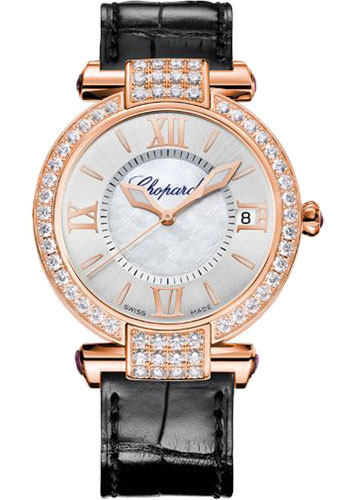 Chopard Imperiale Rose Gold 36 MM - Black Leather Strap - Diamond Bezel - Silver Dial -  384822-5002