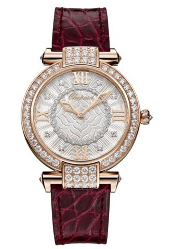 Chopard Imperiale Rose Gold 36 MM - Burgundy Strap - Diamond Bezel - Silver Dial - 385377-5001