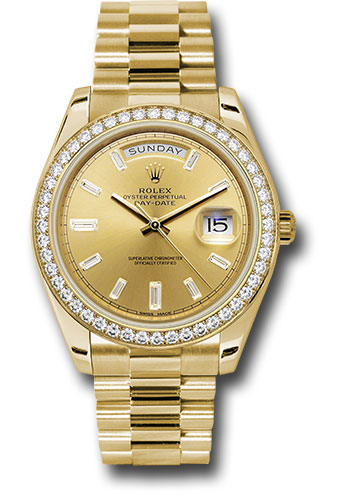 Rolex Yellow Gold Day-Date 40 MM - President Bracelet - Diamond Bezel - Champagne Baguette Diamond Dial - 228348RBR chbdp