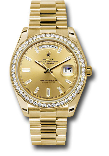 Rolex Yellow Gold Day-Date 40 MM - President Bracelet - Diamond Bezel - Champagne Baguette Diamond Dial - 228348RBR-0002