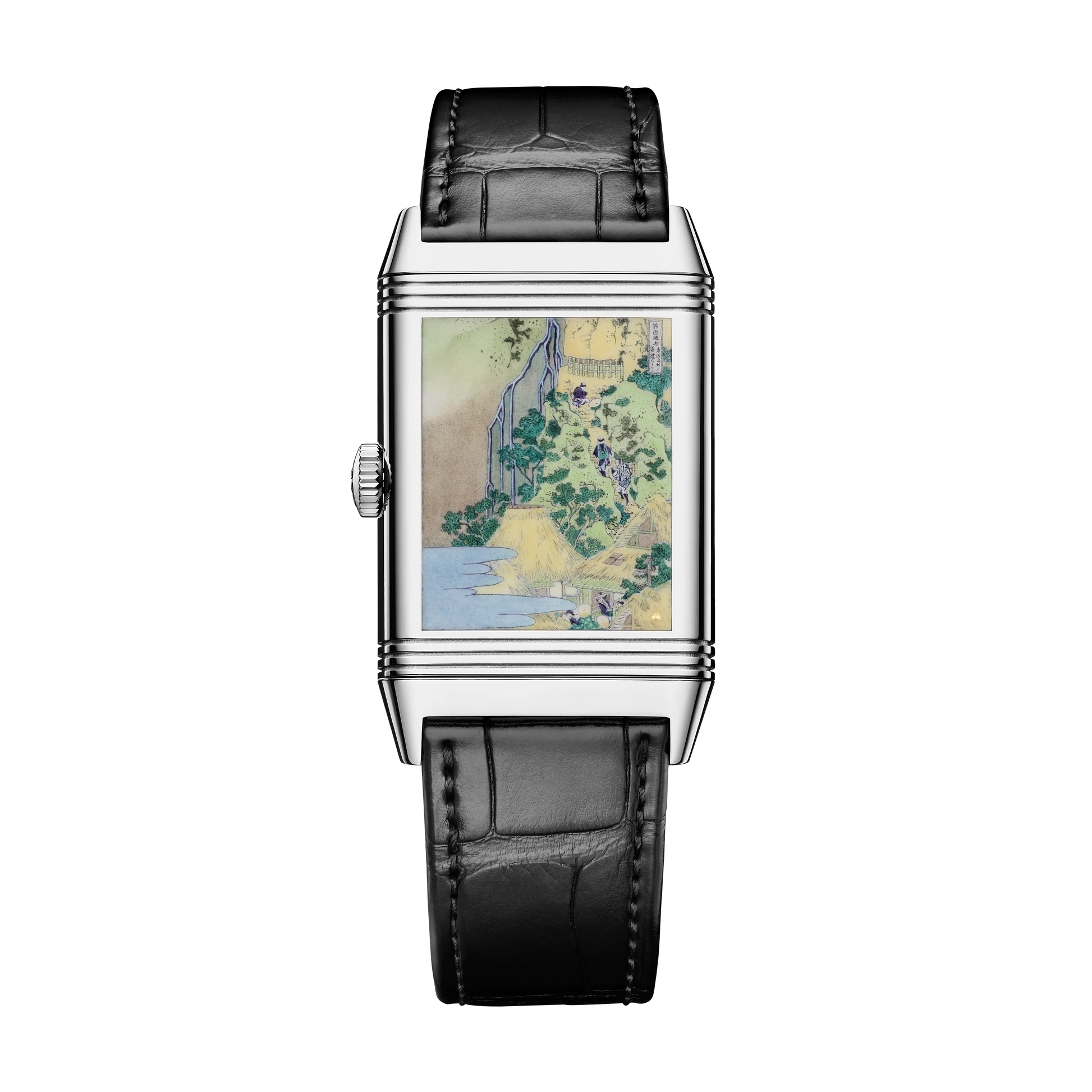 JLC - Reverso Tribute Enamel Hokusai Waterfalls Limited Edition - Kiyotaki Kannon Waterfall - 45.6 MM x 27.4 MM - White Gold - Green Guilloché Enamel Dial - Black Leather Strap - Q39334T8