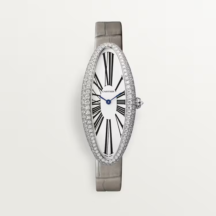 Cartier Baignoire Allongée White Gold 47 MM - Light Gray Alligator Strap - Diamond Bezel - Silver Dial - WJBA0007