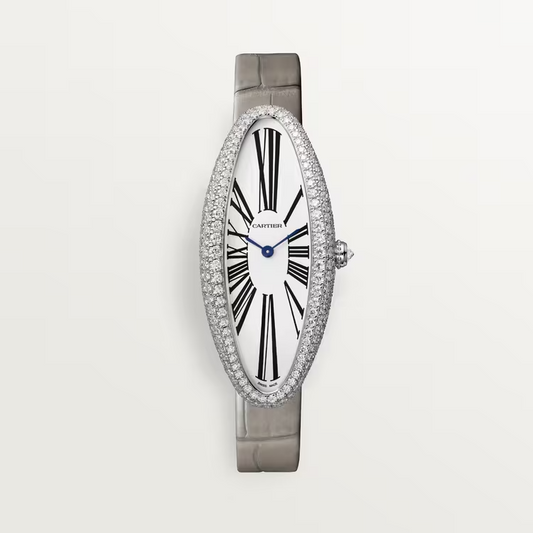 Cartier Baignoire Allongée White Gold 47 MM - Light Gray Alligator Strap - Diamond Bezel - Silver Dial - WJBA0007