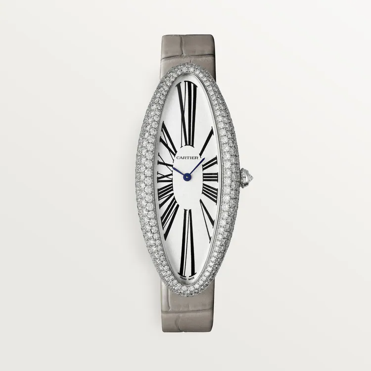 Cartier Baignoire Allongée White Gold 52 MM - Light Gray Alligator Strap - Diamond Bezel - Silver Dial - WJBA0009