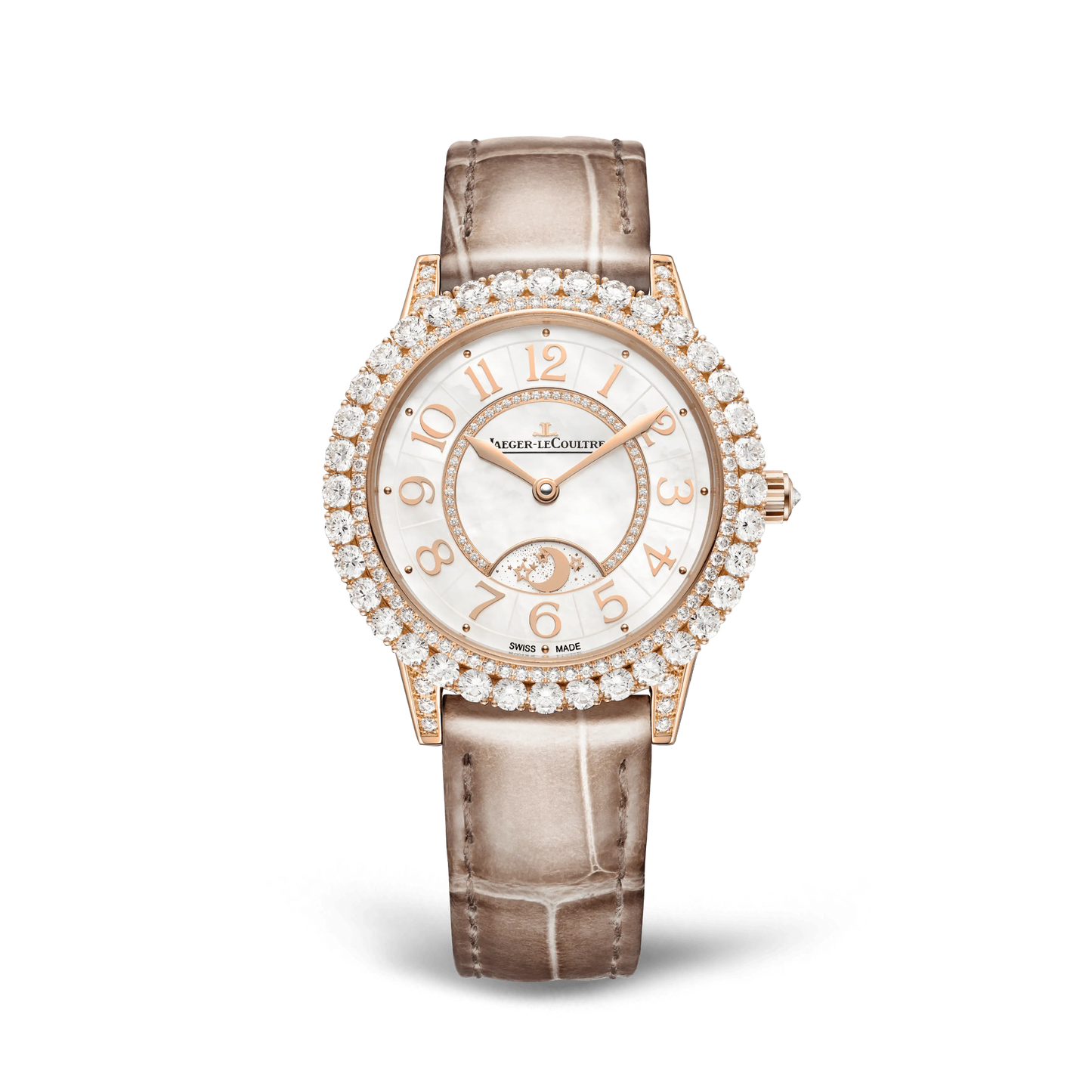 JLC - Rendez-Vous Dazzling Night & Day - 36 MM - Pink Gold - Mother-Of-Pearl Diamond-Set Dial - Diamond Bezel - Taupe Leather Strap - Q3432570