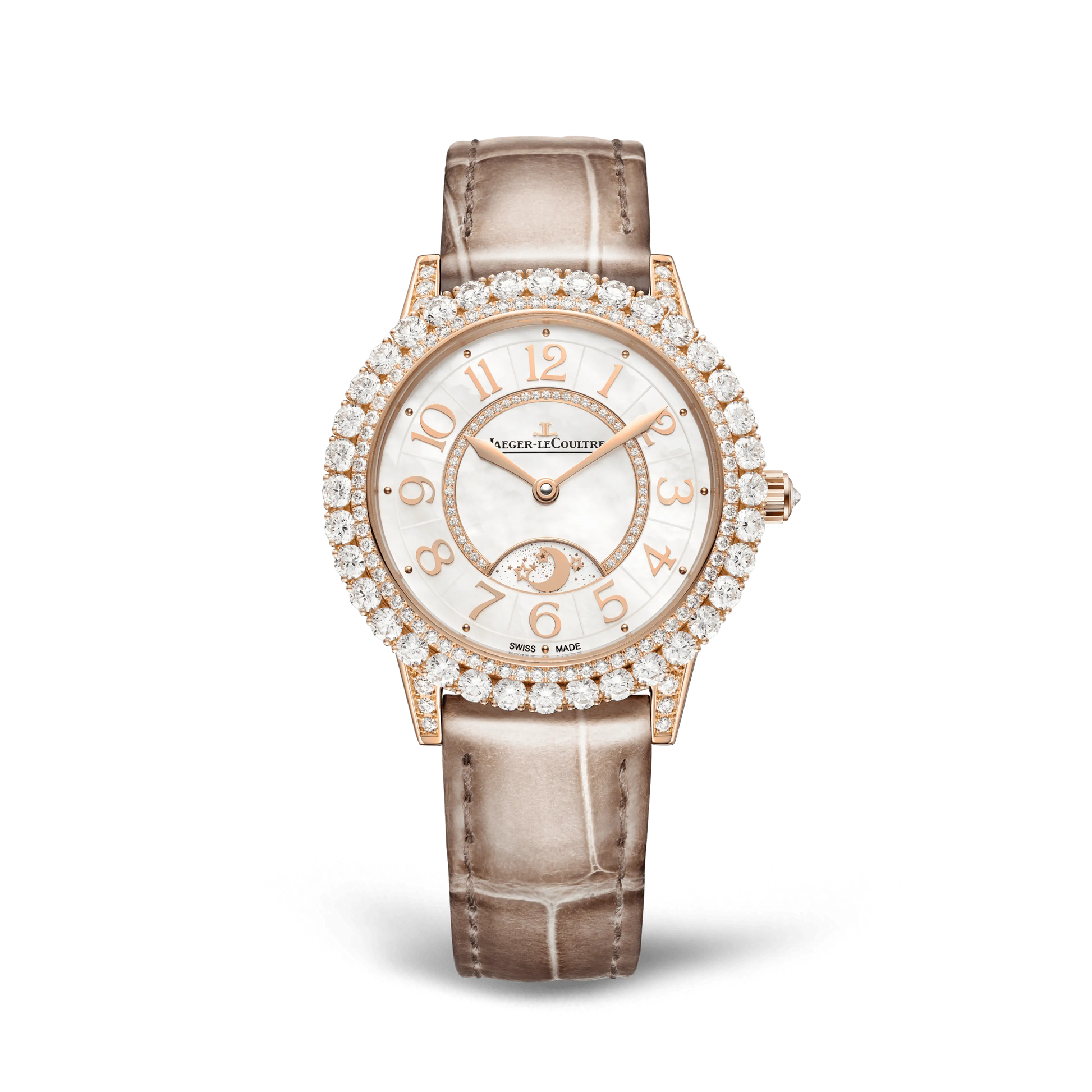 JLC - Rendez-Vous Dazzling Night & Day - 36 MM - Pink Gold - Mother-Of-Pearl Diamond-Set Dial - Diamond Bezel - Taupe Leather Strap - Q3432570