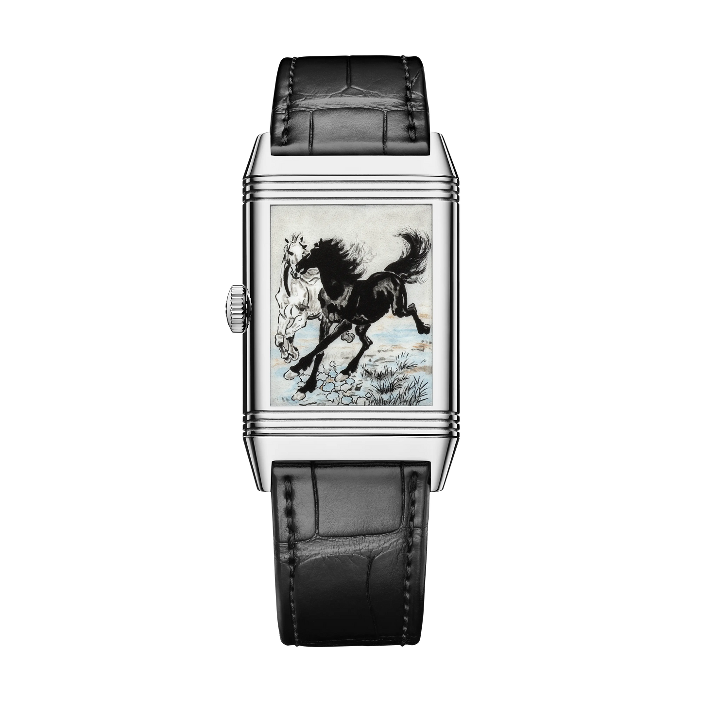JLC - Reverso Tribute Enamel Xu Beihong Two Horses - Limited Edition - 45.6 MM x 27.4 MM - White Gold - Blue Guilloché Enamel Dial - Black Leather Strap - Q39334B2