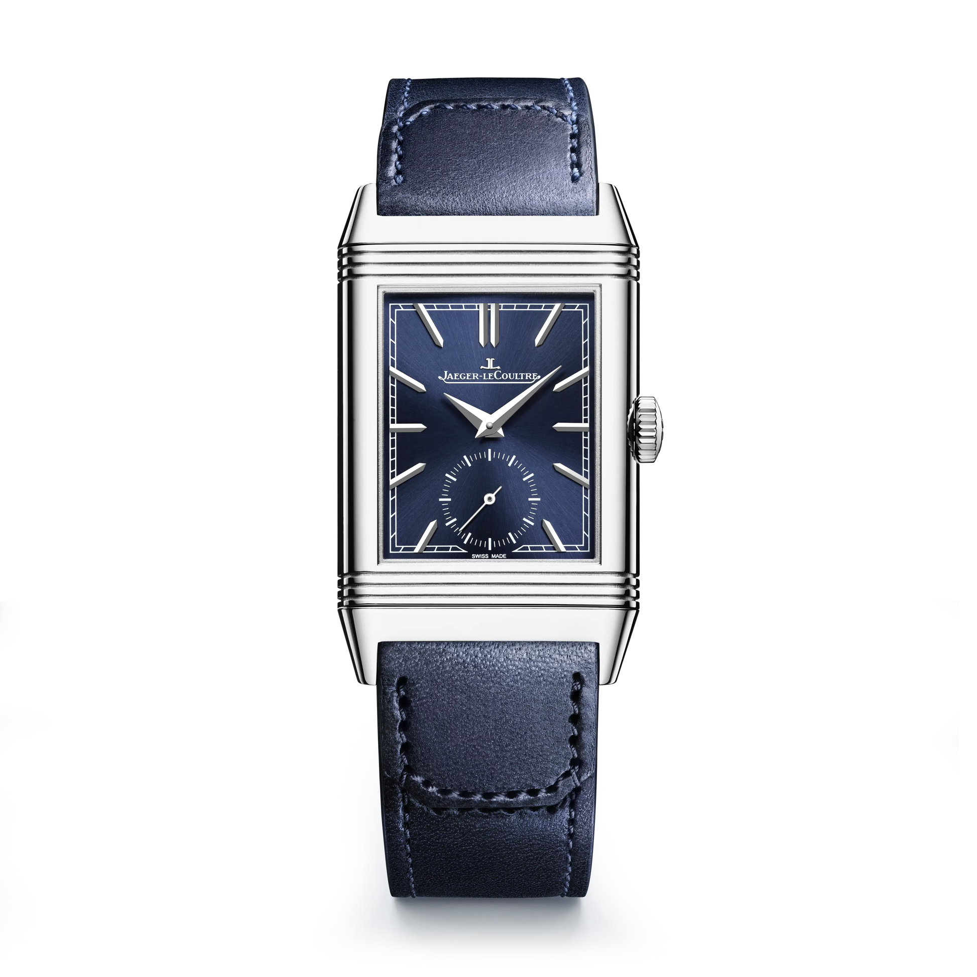 JLC - Reverso Tribute Monoface Small Seconds - 45.6 MM x 27.4 MM - Stainless Steel - Blue Dial - Blue Leather Strap - Q397848J