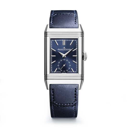 JLC - Reverso Tribute Monoface Small Seconds - 45.6 MM x 27.4 MM - Stainless Steel - Blue Dial - Blue Leather Strap - Q397848J
