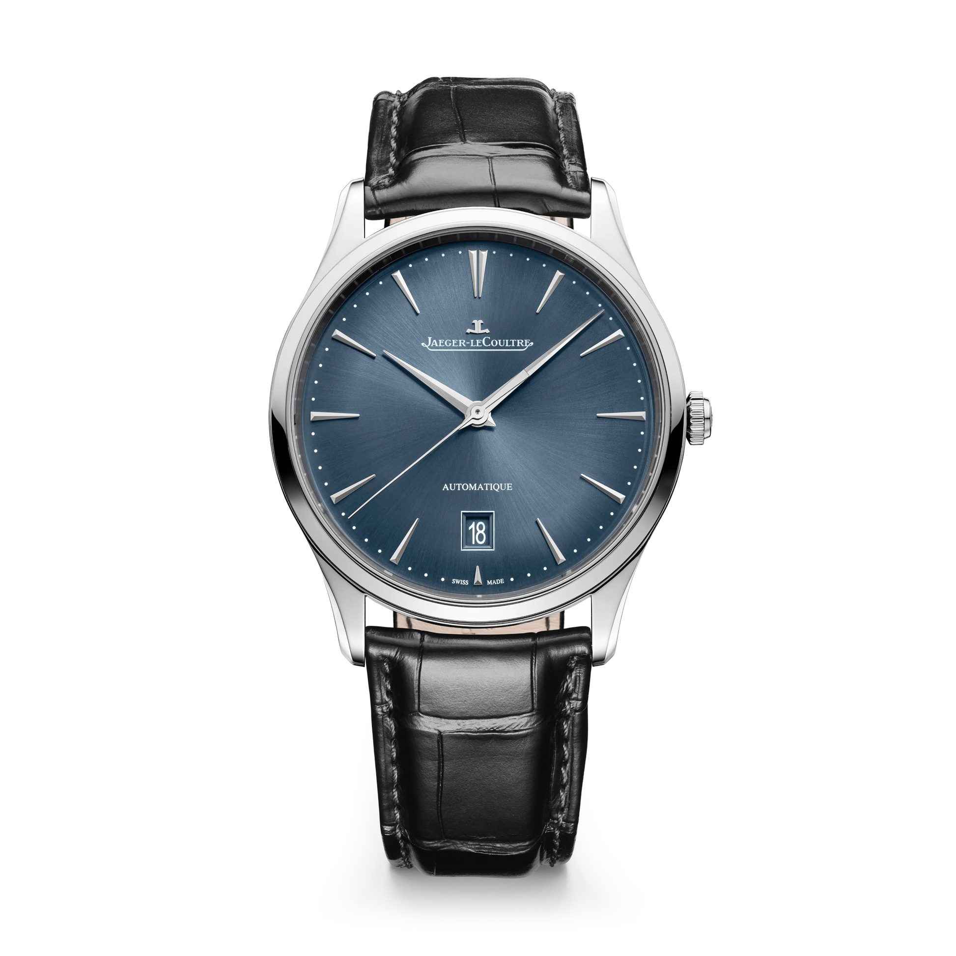 JLC - Master Ultra Thin Date - 39 MM - Stainless Steel - Blue-Gray Dial - Black Leather Strap - Q1238480