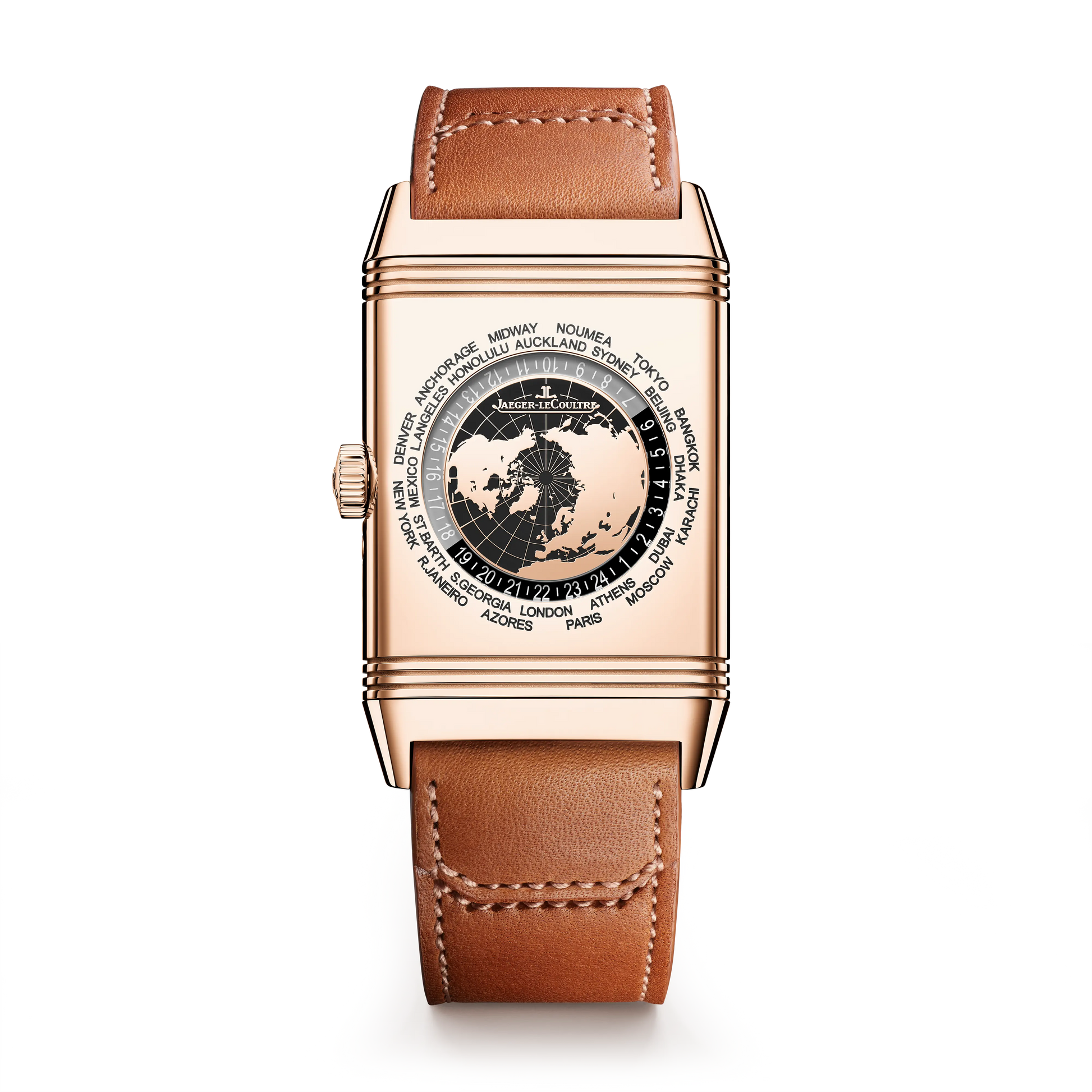 JLC - Reverso Tribute Geographic - Limited Edition - 49.4 MM x 29.9 MM - Pink Gold - Toffee Brown Dial - Brown Leather Strap - Q714256J