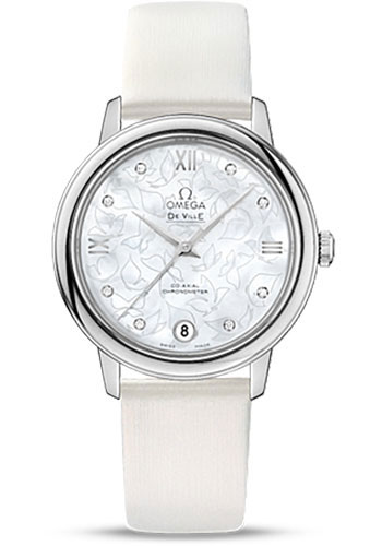 Omega De Ville Stainless Steel 32.7 MM - White Leather Strap - Mother-Of-Pearl Diamond Dial - 424.12.33.20.55.001 nyc watcher nyc watches