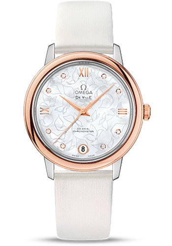 Omega De Ville Rose Gold 32.7 MM - White Leather Strap - Mother-Of-Pearl Diamond Dial - 424.22.33.20.55.001 nyc watcher nyc watches