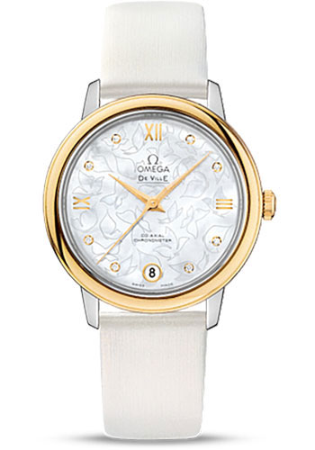 Omega De Ville Yellow Gold 32.7 MM - White Leather Strap - Mother-Of-Pearl Diamond Dial - 424.22.33.20.55.002 nyc watcher nyc watches