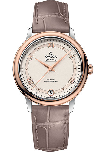 Omega De Ville Stainless Steel and Rose Gold 32.7 MM - Taupe Brown Leather Strap - Beige Dial - 424.23.33.20.09.001 nyc watcher nyc watches