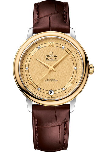 Omega De Ville Stainless Steel and Yellow Gold 32.7 MM - Brown Leather Strap - Champagne Dial - 424.23.33.20.58.001 nyc watcher nyc watches