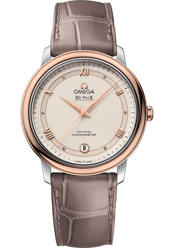 Omega De Ville Stainless Steel and Rose Gold 36.8 MM - Taupe Brown Leather Strap - Beige Dial - 424.23.37.20.09.001