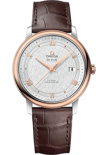 Omega De Ville Rose Gold and Stainless Steel 39.5 MM - Brown Leather Strap - White Silvery Dial - 424.23.40.20.02.002 nyc watcher nyc watches