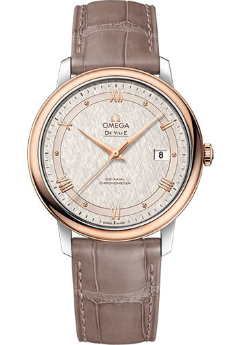 Omega De Ville Rose Gold and Stainless Steel 39.5 MM - Taupe Brown Leather Strap - Ivory Silvery Dial - 424.23.40.20.02.003 nyc watcher nyc watches