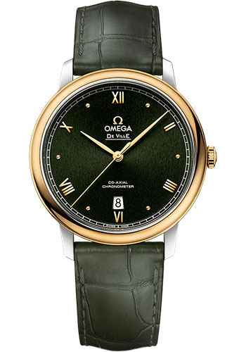 Omega De Ville Yellow Gold and Stainless Steel 39.5 MM - Black Leather Strap - Green Dial - 424.23.40.20.10.001 nyc watcher nyc watches