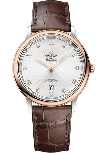 Omega De Ville Rose Gold and Stainless Steel 39.5 MM - Brown Leather Strap - White Silvery Diamond Dial - 424.23.40.20.52.001 nyc watcher nyc watches