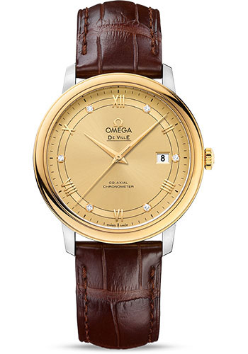 Omega De Ville Yellow Gold and Stainless Steel 39.5 MM - Brown Leather Strap - Champagne Diamond Dial - 424.23.40.20.58.001 nyc watcher nyc watches