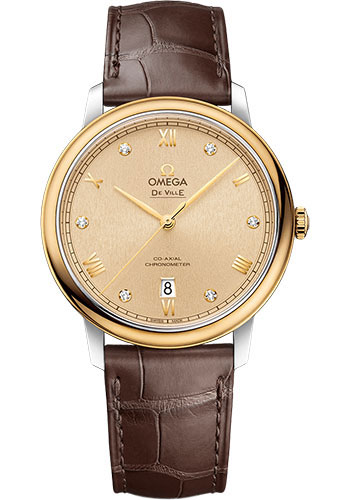 Omega De Ville Yellow Gold and Stainless Steel 39.5 MM - Brown Leather Strap - Yellow Gold Diamond Dial - 424.23.40.20.58.002 nyc watcher nyc watches