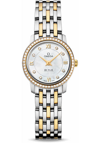 Omega De Ville Stainless Steel and Yellow Gold 24.4 MM - Stainless Steel and Yellow Gold Bracelet - Diamond Bezel - White Mother-Of-Pearl Diamond Dial - 424.25.24.60.55.001 nyc watcher nyc watches