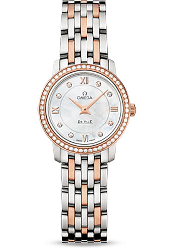 Omega De Ville Stainless Steel and Rose Gold 24.4 MM - Stainless Steel and Rose Gold Bracelet - Diamond Bezel - White Mother -Of- Pearl Diamond Dial - 424.25.24.60.55.002 nyc watcher nyc watches