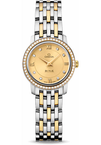 Omega De Ville Stainless Steel and Yellow Gold 24.4 MM - Stainless Steel and Yellow Gold Bracelet - Diamond Bezel - Champagne Diamond Dial - 424.25.24.60.58.001 nyc watcher nyc watches