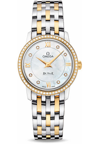 Omega De Ville Stainless Steel and Yellow Gold 27.5 MM - Stainless Steel and Yellow Gold Bracelet - Diamond Bezel - Mother -Of- Pearl Diamond Dial - 424.25.27.60.55.001 nyc watcher nyc watches