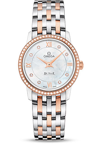 Omega De Ville Stainless Steel and Rose Gold 27.4 MM - Stainless Steel and Rose Gold Bracelet - Diamond Bezel - Mother-Of-Pearl Diamond Dial - 424.25.27.60.55.002 nyc watcher nyc watches