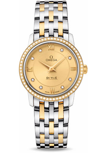 Omega De Ville Stainless Steel and Yellow Gold 27.5 MM - Stainless Steel and Yellow Gold Bracelet - Diamond Bezel - Champagne Diamond Dial - 424.25.27.60.58.001 nyc watcher nyc watches