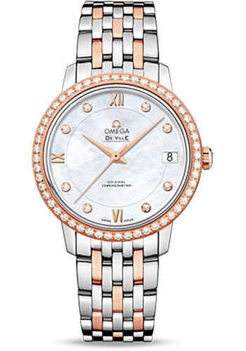 Omega De Ville Stainless Steel and Rose Gold 32.7 MM - Stainless Steel and Rose Gold Bracelet - Diamond Bezel - Mother-Of-Pearl Diamond Dial - 424.25.33.20.55.002 nyc watcher nyc watches