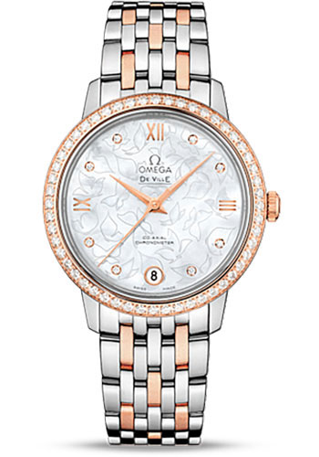 Omega De Ville Stainless Steel and Rose Gold 32.7 MM - Stainless Steel and Rose Gold Bracelet - Diamond Bezel - Mother-Of-Pearl Dial - 424.25.33.20.55.003 nyc watcher nyc watches