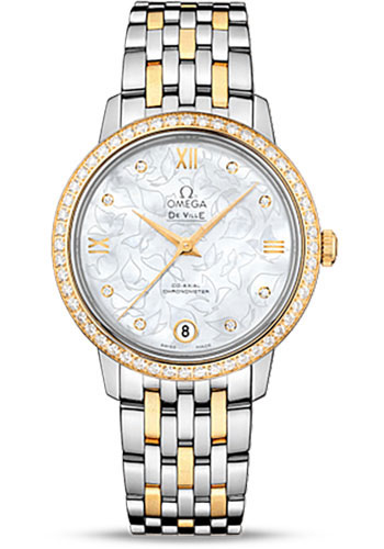 Omega De Ville Stainless Steel and Yellow Gold 32.7 MM - Stainless Steel and Yellow Gold Bracelet - Diamond Bezel - Mother-Of-Pearl Dial - 424.25.33.20.55.004 nyc watcher nyc watches