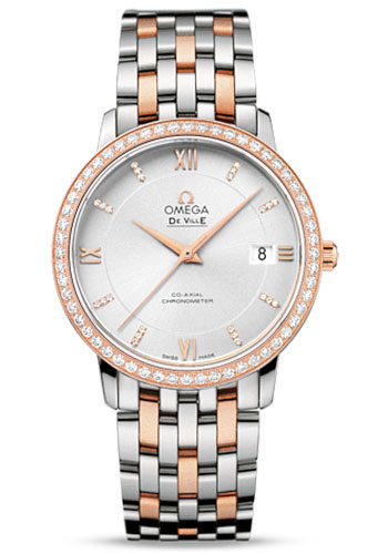 Omega De Ville Stainless Steel and Rose Gold 36.8 MM - Stainless Steel and Rose Gold Bracelet - Diamond Bezel - Silver Diamond  Dial - 424.25.37.20.52.001