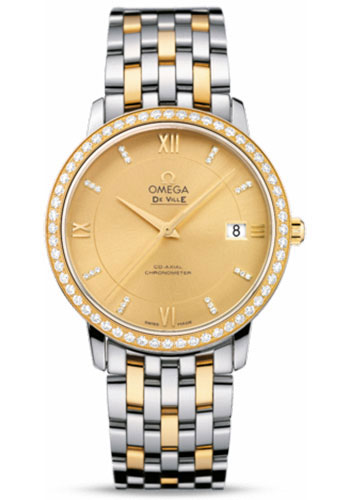 Omega De Ville Stainless Steel and Yellow Gold 36.8 MM - Stainless Steel and Yellow Gold Bracelet - Diamond Bezel - Champagne Diamond Dial - 424.25.37.20.58.001 nyc watcher nyc watches