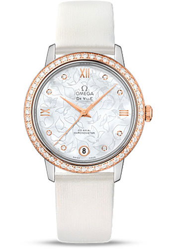 Omega De Ville Rose Gold 32.7 MM - White Leather Strap - Diamond Bezel - Mother-Of-Pearl Diamond Dial - 424.27.33.20.55.001 nyc watcher nyc watches