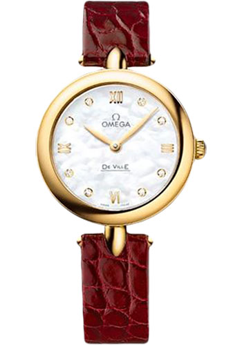 Omega De Ville Yellow Gold 27.4 MM - Red Leather Strap - Mother-Of-Pearl Dial - 424.53.27.60.55.001 nyc watcher nyc watches