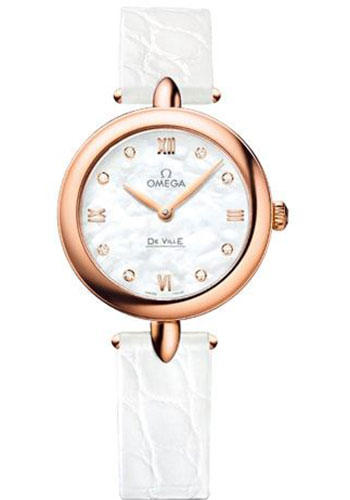 Omega De Ville Rose Gold 27.4 MM - White Leather Strap - Mother-Of-Pearl Dial - 424.53.27.60.55.002 nyc watcher nyc watches